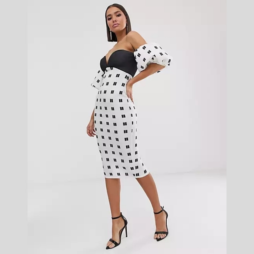 ASOS DESIGN mono grid puff sleeve midi dress